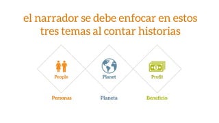 el narrador se debe enfocar en estos
tres temas al contar historias
Personas Planeta Beneficio
 
