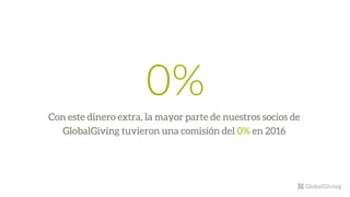 0%
Con este dinero extra, la mayor parte de nuestros socios de
GlobalGiving tuvieron una comisión del 0% en 2016
 