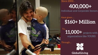 400,000+
Individual and Corporate Donors
$160+ Million
Since 2002…
Have	
  given….	
  
To…	
  
11,000+ projects with
organizations like YOURS
Through…	
  
 