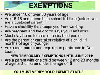 EXEMPTIONS Are under 16 or over 60 years of age Are 16-18 and attend high school full time (unless you are a custodial parent) Have a disability that keeps you from working Are pregnant and the doctor says you can’t work Must stay home to care for a disabled person Are the parent or caretaker relative of a child 11 months of age or younger Are a teen parent and required to participate in Cal-Learn NEW TEMPORARY EXEMPTIONS UNTIL JUNE 2011: Are a parent with one child between 12 and 23 months of age or 2 children under the age of  6 YOU MUST VERIFY YOUR EXEMPT STATUS! 