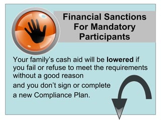 Financial Sanctions For Mandatory Participants Your family’s cash aid will be  lowered  if you fail or refuse to meet the requirements without a good reason  and you don’t sign or complete  a new Compliance Plan. 