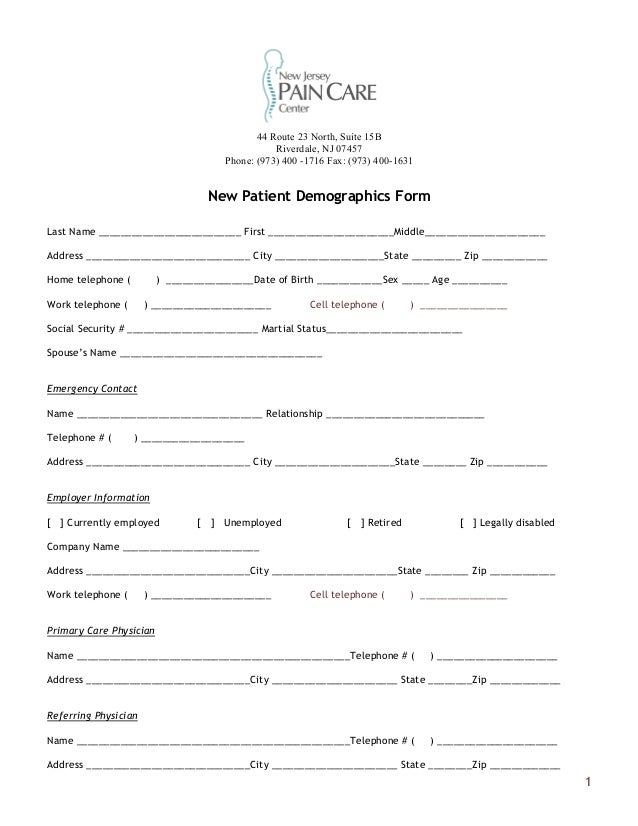 new jersey pain care center new patient form urgent care work release form