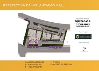 1 2
3
5 4
PERSPECTIVA DA IMPLANTAÇÃO MALL
1 – ACESSO VEÍCULOS
2 – ACESSO SOCIAL
3 – HALL TRANSFER
4 – Portaria
5 – ACESSO DE SERVIÇO
ÁREAS COMUNS ENTREGUES
EQUIPADAS &
DECORADAS
CONFORME MEMORIAL DESCRITIVO
Projeto Paisagístico:
Projeto de Decoração:
 