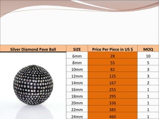 Silver Diamond Pave Ball SIZE Price Per Piece in US $ MOQ   6mm 28 10 8mm 55 5 10mm 82 3 12mm 125 3 14mm 167 2 16mm 255 1 18mm 295 1 20mm 336 1 22mm 385 1 24mm 460 1 