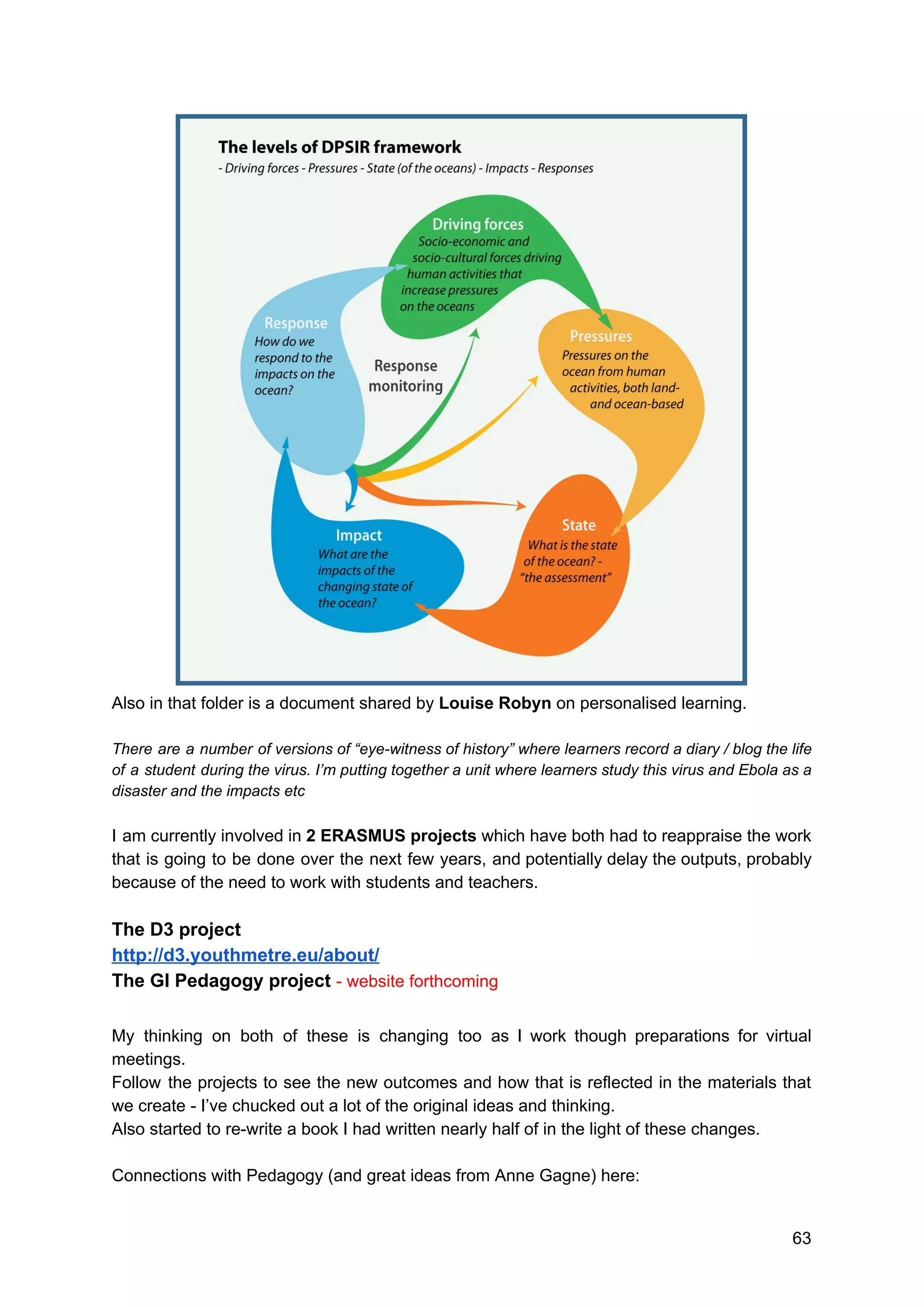 Also in that folder is a document shared by ​Louise Robyn​ on personalised learning.
There are a number of versions of “eye-witness of history” where learners record a diary / blog the life
of a student during the virus. I’m putting together a unit where learners study this virus and Ebola as a
disaster and the impacts etc
I am currently involved in ​2 ERASMUS projects which have both had to reappraise the work
that is going to be done over the next few years, and potentially delay the outputs, probably
because of the need to work with students and teachers.
The D3 project
http://d3.youthmetre.eu/about/
The GI Pedagogy project ​- website forthcoming
My thinking on both of these is changing too as I work though preparations for virtual
meetings.
Follow the projects to see the new outcomes and how that is reflected in the materials that
we create - I’ve chucked out a lot of the original ideas and thinking.
Also started to re-write a book I had written nearly half of in the light of these changes.
Connections with Pedagogy (and great ideas from Anne Gagne) here:
63
 