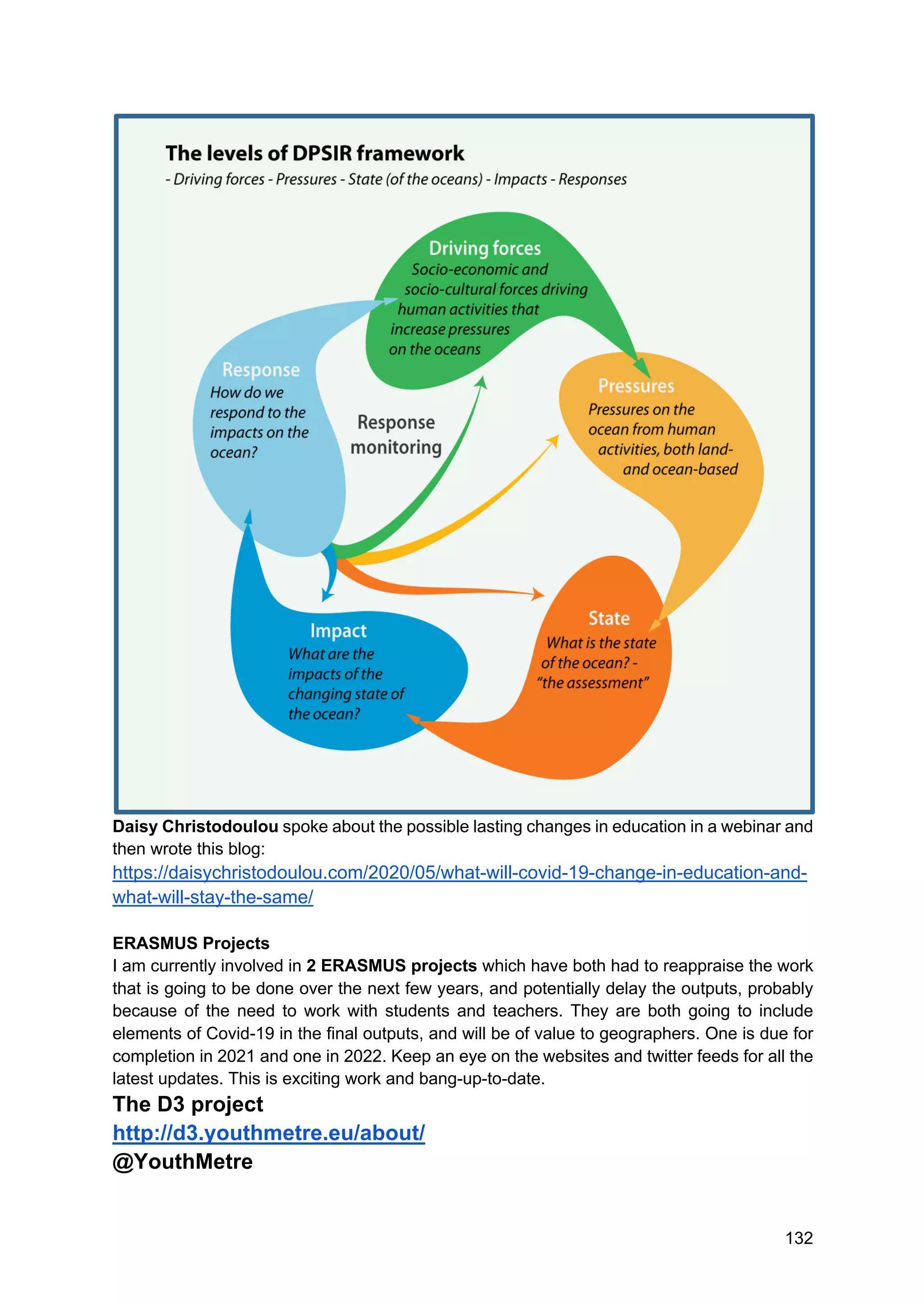 132
Daisy Christodoulou spoke about the possible lasting changes in education in a webinar and
then wrote this blog:
https://daisychristodoulou.com/2020/05/what-will-covid-19-change-in-education-and-
what-will-stay-the-same/
ERASMUS Projects
I am currently involved in 2 ERASMUS projects which have both had to reappraise the work
that is going to be done over the next few years, and potentially delay the outputs, probably
because of the need to work with students and teachers. They are both going to include
elements of Covid-19 in the final outputs, and will be of value to geographers. One is due for
completion in 2021 and one in 2022. Keep an eye on the websites and twitter feeds for all the
latest updates. This is exciting work and bang-up-to-date.
The D3 project
http://d3.youthmetre.eu/about/
@YouthMetre
 