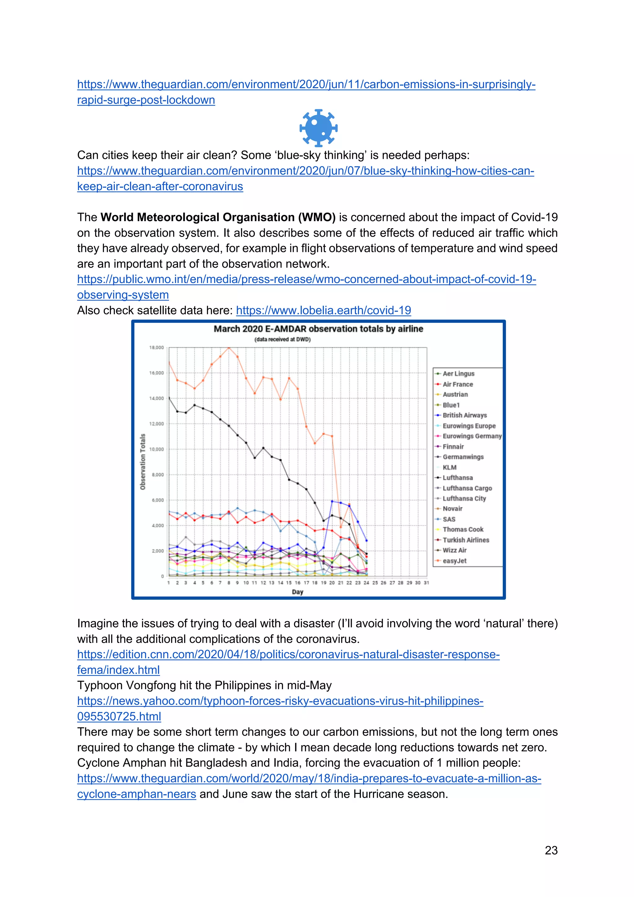 23
https://www.theguardian.com/environment/2020/jun/11/carbon-emissions-in-surprisingly-
rapid-surge-post-lockdown
Can cities keep their air clean? Some ‘blue-sky thinking’ is needed perhaps:
https://www.theguardian.com/environment/2020/jun/07/blue-sky-thinking-how-cities-can-
keep-air-clean-after-coronavirus
The World Meteorological Organisation (WMO) is concerned about the impact of Covid-19
on the observation system. It also describes some of the effects of reduced air traffic which
they have already observed, for example in flight observations of temperature and wind speed
are an important part of the observation network.
https://public.wmo.int/en/media/press-release/wmo-concerned-about-impact-of-covid-19-
observing-system
Also check satellite data here: https://www.lobelia.earth/covid-19
Imagine the issues of trying to deal with a disaster (I’ll avoid involving the word ‘natural’ there)
with all the additional complications of the coronavirus.
https://edition.cnn.com/2020/04/18/politics/coronavirus-natural-disaster-response-
fema/index.html
Typhoon Vongfong hit the Philippines in mid-May
https://news.yahoo.com/typhoon-forces-risky-evacuations-virus-hit-philippines-
095530725.html
There may be some short term changes to our carbon emissions, but not the long term ones
required to change the climate - by which I mean decade long reductions towards net zero.
Cyclone Amphan hit Bangladesh and India, forcing the evacuation of 1 million people:
https://www.theguardian.com/world/2020/may/18/india-prepares-to-evacuate-a-million-as-
cyclone-amphan-nears and June saw the start of the Hurricane season.
 