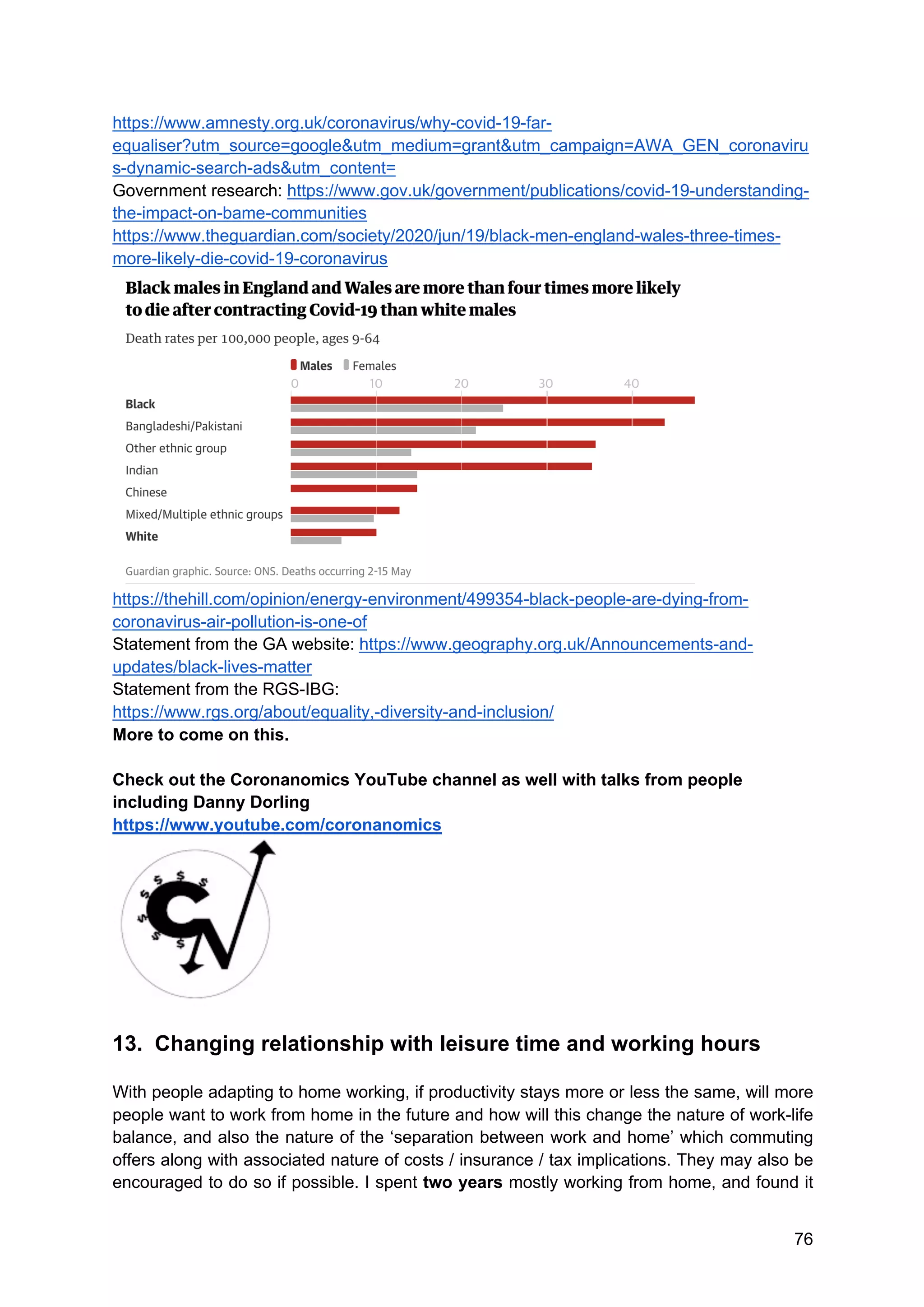 76
https://www.amnesty.org.uk/coronavirus/why-covid-19-far-
equaliser?utm_source=google&utm_medium=grant&utm_campaign=AWA_GEN_coronaviru
s-dynamic-search-ads&utm_content=
Government research: https://www.gov.uk/government/publications/covid-19-understanding-
the-impact-on-bame-communities
https://www.theguardian.com/society/2020/jun/19/black-men-england-wales-three-times-
more-likely-die-covid-19-coronavirus
https://thehill.com/opinion/energy-environment/499354-black-people-are-dying-from-
coronavirus-air-pollution-is-one-of
Statement from the GA website: https://www.geography.org.uk/Announcements-and-
updates/black-lives-matter
Statement from the RGS-IBG:
https://www.rgs.org/about/equality,-diversity-and-inclusion/
More to come on this.
Check out the Coronanomics YouTube channel as well with talks from people
including Danny Dorling
https://www.youtube.com/coronanomics
13. Changing relationship with leisure time and working hours
With people adapting to home working, if productivity stays more or less the same, will more
people want to work from home in the future and how will this change the nature of work-life
balance, and also the nature of the ‘separation between work and home’ which commuting
offers along with associated nature of costs / insurance / tax implications. They may also be
encouraged to do so if possible. I spent two years mostly working from home, and found it
 