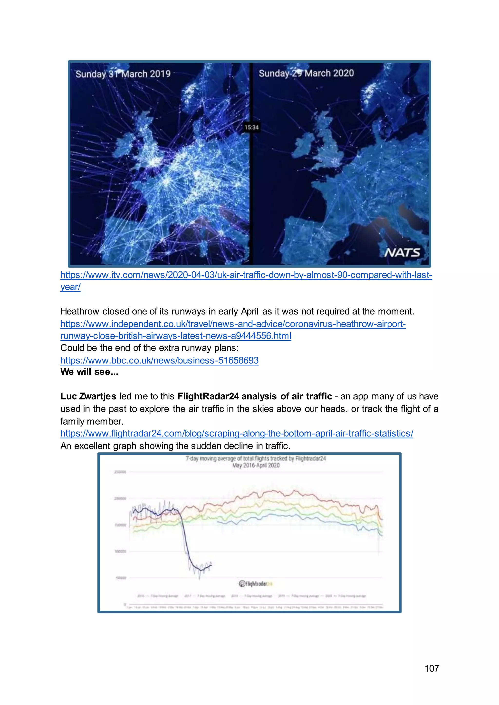 107
https://www.itv.com/news/2020-04-03/uk-air-traffic-down-by-almost-90-compared-with-last-
year/
Heathrow closed one of its runways in early April as it was not required at the moment.
https://www.independent.co.uk/travel/news-and-advice/coronavirus-heathrow-airport-
runway-close-british-airways-latest-news-a9444556.html
Could be the end of the extra runway plans:
https://www.bbc.co.uk/news/business-51658693
We will see...
Luc Zwartjes led me to this FlightRadar24 analysis of air traffic - an app many of us have
used in the past to explore the air traffic in the skies above our heads, or track the flight of a
family member.
https://www.flightradar24.com/blog/scraping-along-the-bottom-april-air-traffic-statistics/
An excellent graph showing the sudden decline in traffic.
 