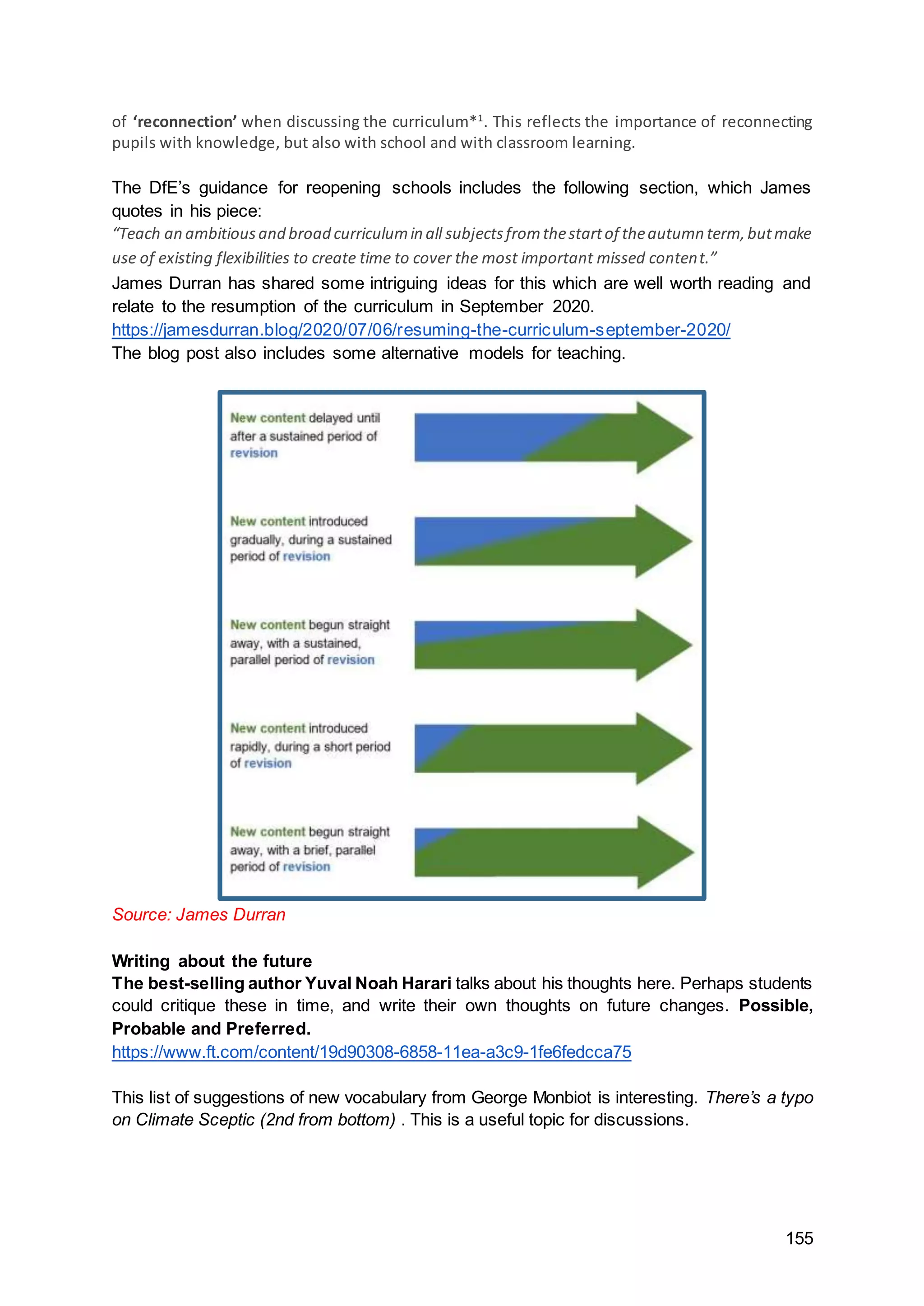 155
of ‘reconnection’ when discussing the curriculum*1
. This reflects the importance of reconnecting
pupils with knowledge, but also with school and with classroom learning.
The DfE’s guidance for reopening schools includes the following section, which James
quotes in his piece:
“Teach an ambitiousand broad curriculumin all subjectsfromthestartof theautumn term,butmake
use of existing flexibilities to create time to cover the most important missed content.”
James Durran has shared some intriguing ideas for this which are well worth reading and
relate to the resumption of the curriculum in September 2020.
https://jamesdurran.blog/2020/07/06/resuming-the-curriculum-september-2020/
The blog post also includes some alternative models for teaching.
Source: James Durran
Writing about the future
The best-selling author Yuval Noah Harari talks about his thoughts here. Perhaps students
could critique these in time, and write their own thoughts on future changes. Possible,
Probable and Preferred.
https://www.ft.com/content/19d90308-6858-11ea-a3c9-1fe6fedcca75
This list of suggestions of new vocabulary from George Monbiot is interesting. There’s a typo
on Climate Sceptic (2nd from bottom) . This is a useful topic for discussions.
 