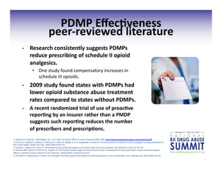 14	
  
PDMP	
  Eﬀec;veness	
  
peer-­‐reviewed	
  literature	
  
•  Research	
  consistently	
  suggests	
  PDMPs	
  
reduce	
  prescribing	
  of	
  schedule	
  II	
  opioid	
  
analgesics.	
  	
  
•  One	
  study	
  found	
  compensatory	
  increases	
  in	
  
schedule	
  III	
  opioids.	
  
•  2009	
  study	
  found	
  states	
  with	
  PDMPs	
  had	
  
lower	
  opioid	
  substance	
  abuse	
  treatment	
  
rates	
  compared	
  to	
  states	
  without	
  PDMPs.	
  
•  A	
  recent	
  randomized	
  trial	
  of	
  use	
  of	
  proac;ve	
  
repor;ng	
  by	
  an	
  insurer	
  rather	
  than	
  a	
  PMDP	
  
suggests	
  such	
  repor;ng	
  reduces	
  the	
  number	
  
of	
  prescribers	
  and	
  prescrip;ons.	
  	
  	
  
1.	
  Simeone	
  R,	
  Holland	
  L.	
  Washington,	
  D.C.:	
  U.S.	
  Dept.	
  of	
  Jus3ce,	
  Oﬃce	
  of	
  Jus3ce	
  Programs2006	
  2006.	
  hgp://www.simeoneassociates.com/simeone3.pdf	
  	
  
2.	
  Cur3s	
  LH,	
  Stoddard	
  J,	
  Radeva	
  JI,	
  Hutchison	
  S,	
  Dans	
  PE,	
  Wright	
  A,	
  et	
  al.	
  Geographic	
  varia3on	
  in	
  the	
  prescrip3on	
  of	
  schedule	
  II	
  opioid	
  analgesics	
  among	
  outpa3ents	
  in	
  
the	
  United	
  States.	
  Health	
  Serv	
  Res.	
  2006	
  2006;41:837-­‐55.	
  
3.	
  Paulozzi	
  L,	
  Kilbourne	
  E,	
  Desai	
  H.	
  Prescrip3on	
  drug	
  monitoring	
  programs	
  and	
  death	
  rates	
  from	
  drug	
  overdose.	
  Pain	
  Medicine.	
  2011;12:747-­‐54.	
  
4.	
  Reisman	
  RM,	
  Shenoy	
  PJ,	
  Atherly	
  AJ,	
  Flowers	
  CR.	
  Prescrip3on	
  opioid	
  usage	
  and	
  abuse	
  rela3onships:	
  an	
  evalua3on	
  of	
  state	
  prescrip3on	
  drug	
  monitoring	
  program	
  
eﬃcacy.	
  Substance	
  Abuse:	
  Research	
  and	
  Treatment.	
  2009;3(SART-­‐3-­‐Shenoy-­‐et-­‐al):41.	
  
5.	
  Gonzalez	
  A,	
  Kolbasovsky	
  A.	
  Impact	
  of	
  a	
  managed	
  controlled-­‐opioid	
  prescrip3on	
  monitoring	
  program	
  on	
  care	
  coordina3on.	
  Am	
  J	
  Manag	
  Care.	
  2012;18(9):516-­‐24.	
  
 