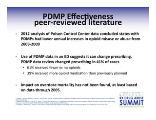 15	
  
PDMP	
  Eﬀec;veness	
  
peer-­‐reviewed	
  literature	
  
•  2012	
  analysis	
  of	
  Poison	
  Control	
  Center	
  data	
  concluded	
  states	
  with	
  
PDMPs	
  had	
  lower	
  annual	
  increases	
  in	
  opioid	
  misuse	
  or	
  abuse	
  from	
  
2003-­‐2009	
  	
  
•  Use	
  of	
  PDMP	
  data	
  in	
  an	
  ED	
  suggests	
  it	
  can	
  change	
  prescribing.	
  	
  
PDMP	
  data	
  review	
  changed	
  prescribing	
  in	
  41%	
  of	
  cases	
  	
  
•  61%	
  received	
  fewer	
  or	
  no	
  opioids	
  
•  39%	
  received	
  more	
  opioid	
  medica3on	
  than	
  previously	
  planned	
  
•  Impact	
  on	
  overdose	
  mortality	
  has	
  not	
  been	
  found,	
  at	
  least	
  based	
  
on	
  data	
  through	
  2005.	
  	
  	
  
1.	
  Reiﬂer	
  L,	
  Droz	
  D,	
  Bailey	
  J,	
  Schnoll	
  S,	
  Fant	
  R,	
  Dart	
  R,	
  et	
  al.	
  Do	
  prescrip3on	
  monitoring	
  programs	
  impact	
  state	
  trends	
  in	
  opioid	
  abuse/misuse?	
  Pain	
  Medicine.	
  
2012;3(3):434-­‐42.	
  
2.	
  Baehren	
  DF,	
  Marco	
  CA,	
  Droz	
  DE,	
  Sinha	
  S,	
  Callan	
  EM,	
  Akpunonu	
  P.	
  A	
  statewide	
  prescrip3on	
  monitoring	
  program	
  aﬀects	
  emergency	
  department	
  prescribing	
  
behaviors.	
  Ann	
  Emerg	
  Med.	
  2009	
  2009;doi:10.1016/j.annemergmed.2009.12.011.	
  
3.	
  Paulozzi	
  L,	
  Kilbourne	
  E,	
  Desai	
  H.	
  Prescrip3on	
  drug	
  monitoring	
  programs	
  and	
  death	
  rates	
  from	
  drug	
  overdose.	
  Pain	
  Medicine.	
  2011;12:747-­‐754.	
  
 