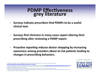 16	
  
PDMP	
  Eﬀec;veness	
  
grey	
  literature	
  
•  Surveys	
  indicate	
  prescribers	
  ﬁnd	
  PDMPs	
  to	
  be	
  a	
  useful	
  
clinical	
  tool.	
  
•  Surveys	
  ﬁnd	
  clinicians	
  in	
  many	
  cases	
  report	
  altering	
  their	
  
prescribing	
  a]er	
  reviewing	
  a	
  PDMP	
  report.	
  
•  Proac;ve	
  repor;ng	
  reduces	
  doctor	
  shopping	
  by	
  increasing	
  
awareness	
  among	
  providers	
  about	
  at-­‐risk	
  pa;ents	
  leading	
  to	
  
changes	
  in	
  prescribing	
  behaviors.	
  
1.	
  PMP	
  Center	
  of	
  Excellence,	
  “Trends	
  in	
  Wyoming	
  PMP	
  prescrip3on	
  history	
  repor3ng:	
  evidence	
  for	
  a	
  decrease	
  in	
  doctor	
  shopping?”	
  2010,	
  
hgp://www.pmpexcellence.org/sites/all/pdfs/NFF_wyoming_rev_11_16_10.pdf	
  	
  
2.	
  PMP	
  Center	
  of	
  Excellence,	
  “Nevada’s	
  Proac3ve	
  PMP:	
  The	
  Impact	
  of	
  Unsolicited	
  Reports”	
  October,	
  2011.	
  hgp://www.pmpexcellence.org/sites/all/pdfs/nevada_nﬀ_10_26_11.pdf	
  	
  
4.	
  Alliance	
  of	
  States	
  with	
  Prescrip3on	
  Monitoring	
  Programs,	
  “An	
  Assessment	
  of	
  State	
  Prescrip3on	
  Monitoring	
  Program	
  Eﬀec3veness	
  and	
  Results”	
  Version	
  1,	
  11.30.07,	
  hgp://
pmpexcellence.org/pdfs/alliance_pmp_rpt2_1107.pdf	
  
5.	
  Kentucky	
  Cabinet	
  for	
  Health	
  and	
  Family	
  Services	
  and	
  Kentucky	
  Injury	
  Preven3on	
  and	
  Research	
  Center,	
  2010	
  KASPER	
  Sa3sfac3on	
  Survey.	
  	
  
6.	
  Lambert	
  D.	
  Impact	
  evalua3on	
  of	
  Maine’s	
  prescrip3on	
  drug	
  monitoring	
  program.	
  Muskie	
  School	
  of	
  Public	
  Service,	
  University	
  of	
  Southern	
  Maine:	
  Portland,	
  Maine,	
  March,	
  2007.	
  
7.	
  Communica3on	
  from	
  LA	
  PMP	
  to	
  PMP	
  Center	
  of	
  Excellence.	
  
 
