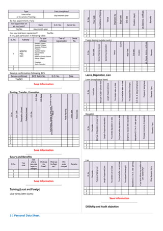 Type                                                                                                                                          Date completed




                                                                                                                                                                                                                                                                                                                 CourseName of training




                                                                                                                                                                                                                                                                                                                                                                                                                                                                                                                                                                                                                                                                                                                                                                           etc.Diploma, certificate,
                         Internship




                                                                                                                                                                                                                                                                                                                                                                                                                                                                                                                                                                                                                                                                                Duration (days)
                                                                                                                                                                          day-month-year




                                                                                                                                                                                                                                                                                                                                                                                                                                                               Organized by

                                                                                                                                                                                                                                                                                                                                                                                                                                                                                                                Begin date
                                                                                                                                                                                                                                                           Your code
                   or In-service Training




                                                                                                                                                                                                                                                                                                                                                                                                                                                                                                                                                                                                                                                                                                                                                                                                                                                          Remarks
                                                                                                                                                                                                                                                                                                                                                                                                                                                                                                                                                                                   End date
                                                                                                                                                                                                                                           Sl. No.




                                                                                                                                                                                                                                                                                                                                                                                               Venue
Ad-hoc appointment, if any
 Ever appointed on
                              Date                                                                                                                                        G.O. No.                       Serial No.
   ad-hoc basis?
       Yes/No            day-month-year
                                                                                                                                                                                                                                          1
Has your job been regularized?                Yes/No                                                                                                                                                                                      2
If yes, give particulars in following table:                                                                                                                                                                                              3
                                     For post                                                                                                                                  Date of                                Serial
 Sl. No.       Authority                                                                                                                                                                                                                  Foreign training (outside country)
                                     (choose)                                                                                                                               regularization                             No.




                                                                                                                                                                                                                                                                                                                                                                                                                                                                                                                                                                                                                                                                                                                                                                                                                      etc.Degree, diploma, certificate,
                                                                                                                                                                                                                                                                                                                                                                                                                                                                                                                     Country
                                                                                 Assistant Surgeon




                                                                                                                                                                                                                                                                                                       Name of training Course
                                                                                 Assistant Professor




                                                                                                                                                                                                                                                                                                                                                                               Sponsoring organization
                                                                                 Associate Professor
                                                                                 Professor




                                                                                                                                                                                                                                                                                                                                                                                                                                                                                                                                                                                                 Begin date
                                                                                                                                                                                                                                                          Your code




                                                                                                                                                                                                                                                                                                                                                                                                                                                                                                                                                                                                                                                                         End date




                                                                                                                                                                                                                                                                                                                                                                                                                                                                                                                                                                                                                                                                                                                                                                                                                                                             Remarks
                                                                                                                                                                                                                                                                                                                                                                                                                                                                                                                                                                                                                                                                                                                                                    Duration
                          MOHFW                                                  Assistant Director




                                                                                                                                                                                                                                           Sl. No.




                                                                                                                                                                                                                                                                                                                                                                                                                                                               Venue
                                                                                 Deputy Director
          1               PSC                                                    Director
                          DPC                                                    Additional Director General
                                                                                 Director General
                                                                                 ..............
                                                                                 Consultant
                                                                                 Senior Consultant
                                                                                                                                                                                                                                          1
          2
                                                                                                                                                                                                                                          2
          3
                                                                                                                                                                                                                                          3
Service confirmation following BCS
 Service confirmed    BCS Batch No.                                                                                                     G.O. No.                                                           Date                           Leave, Deputation, Lien
      Yes/NO                                                                                                                                                                                                                              Leave (except casual leave)




                                                                                                                                                                                                                                                                                                                                                                                                                                                                                                                                     You joined after leave on date




                                                                                                                                                                                                                                                                                                                                                                                                                                                                                                                                                                                                                                                                                                                                                                                          Purpose of taking leave
                                                                                                                                                                                                                                                                                                                         list)Type of Leave (choose from




                                                                                                                                                                                                                                                                                                                                                                                                                                                                                                                                                                                                                                                                                                                        G.O. No. & date granting leave
                                                                 Save Information




                                                                                                                                                                                                                                                                                                                                                                                                                                                                                                                                                                                                                               You enjoyed leave (length)
                                                                                                                                                                                                                                                                                                                                                                                                                                                                 You started leave on date
                                                                                                                                                                                                                                                                                                                                                                                                   Length of approved leave
                                                     ....................................................




                                                                                                                                                                                                                                                                                                                                                                                                                                                                                                                                                                                                                                                                                                                                                                                                                                                             Remarks, if any
                                                                                                                                                                                                                                                          Your code
                                                                                                                                                                                                                                           Sl. No.

Posting, Transfer, Promotion
                                                                                                               First Posting, Transfer in same rank, Transfer in higher
                                                                                 G.O. Date

                                                                                             G.O. Serial




                                                                                                                                                                                                                                          1
                                                                                                           (choose)PunishmentPromotion, Demotion




                                                                                                                                                                                                                                          2
                          Designation (choose)

                                                 Posted as (choose)




                                                                                                                                                                                                                                          3
                                                                                                                                                                                      Place of posting




                                                                                                                                                                                                                           Release date
                                                                                                                                                                                                            Joining date
              Your Code




                                                                                                                                         status,
                                                                      G.O. No.
Sl. No.




                                                                                                                                                                                                                                          Deputation

                                                                                                                                                                                                                                                                                                                                                                                                                                                                                               You joined after deputation on date



                                                                                                                                                                                                                                                                                                                                                                                                                                                                                                                                                                                                 (length)You enjoyed after deputation




                                                                                                                                                                                                                                                                                                                                                                                                                                                                                                                                                                                                                                                                                                                                                                                         Purpose & outcome of deputation
                                                                                                                                                                                                                                                                       list)Type of Deputation (choose from




                                                                                                                                                                                                                                                                                                                                                                                                                                                                                                                                                                                                                                                                                                 deputationG.O. No. & date granting
                                                                                                                                                                                                                                                                                                                                                                                                                              You started deputation on date
                                                                                                                                                                                                                                                                                                                                                           Length of approved deputation




                                                                                                                                                                                                                                                                                                                                                                                                                                                                                                                                                                                                                                                                                                                                                                                                                                                                       Remarks, if any
                                                                                                                                                                                                                                                     Your code
                                                                                                                                                                                                                                           Sl. No.




1
2
3
4                                                                                                                                                                                                                                         1
                                                                                                                                                                                                                                          2
                                                                                                                                                                                                                                          3
                         Save Information
             ....................................................
Salary and Benefits
                                                                         Date                                                                                                                                                             Lien
                                                                        when a                What was                What was                                                      Why
                                                                                                                                                                                                                                                                                                                                                                                                                                                                                                                                                                                                                                                            deputationG.O. No. & date granting



                                                                                                                                                                                                                                                                                                                                                                                                                                                                                                                                                                                                                                                                                                                                                         If you fail to follow any condition of
                                                                                                                                                                                                                                                                                                                                                                                                                                                                                             You joined after Lien on date




                                       Your
    Sl. No.                                                           new scale                 the                   the Basic                                                    scale                      Remarks
                                       code
                                                                      began or                 Scale?                   pay?                                                      changed
                                                                                                                                                                                                                                                                                                                                                                                                                                                                                                                                                                      You enjoyed Lien(length)
                                                                                                                                                                                                                                                                                                                                                                                                                              You started Lien on date
                                                                                                                                                                                                                                                                                                                                                           Length of approved Lien




                                                                                                                                                                                                                                                                                                                                                                                                                                                                                                                                                                                                                                                                                                                                                                                                                                                            Other Remarks, if any
                                                                                                                                                                                                                                                                       Purpose of taking Lien




                                                                                                                                                                                                                                                                                                                                                                                                                                                                                                                                                                                                                                                                                                                                                                  Lien, explain why?




                                                                       changed
          1
                                                                                                                                                                                                                                                     Your code
                                                                                                                                                                                                                                           Sl. No.




          2
          3

                                                                 Save Information
                                                     ....................................................
                                                                                                                                                                                                                                          1
Training (Local and Foreign)                                                                                                                                                                                                              2
Local training (within country)                                                                                                                                                                                                           3

                                                                                                                                                                                                                                                                                                                                                               Save Information
                                                                                                                                                                                                                                                                                                                                                   ....................................................
                                                                                                                                                                                                                                          DDOship and Audit objection


3 | Personal Data Sheet
 