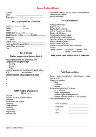 Annual Credential Report
Code No.      .......................                                                 Performance to taking action and carry out order of superiors:
Name:        ...............................................................          Awareness about security:
Designation: ..............................................................           Behavior with people:

                                                                                                           Part IV: Work Performed
            Part I : Report on Health Examination
                                                                                      Professional knowledge:
Height: ......................... feet                                                Quality of work:
Weight: ........................ kilogram                                             Quantity of work performed:
Vision: ..........................                                                    Ability of monitoring and directing
Blood Group: O:........... Rh: ..................                                     Relation with colleagues
Blood Pressure: Systolic ................ Diastolic ...................               Competence for decision making:
X-ray report: .....................................................................   Ability for decision implementation:
ECG Report: ....................................................................      Interest and ability to train subordinates:
Medical Type: ..................................................................      Ability of expression (written):
Health problem/ Fitness problem: ...................................                  Ability of expression (verbal):
                                                                                      Initiative to complete ACR and taking countersign:
Health Officer who signed ................................................
                                                                                      Sincerity:
Date: .....................................                                           Total No. obtained: Extraordinary Excellent Best
                                                                                                             Average Below average
                             Part II : Biodata
         Grading on assessment (between 1 and 4)                                       Part V: Written Sketch about the officer on assessment

Additional information that is missing in PDS
Competence in foreign language:
      Speaking
      Reading
      Writing
Length of service under the officer who is writing this
ACR: .......................... Months/ Years                                                            Part VI: Recommendations
Performance of the staff during this ACR period
a.                                                                                    Special preference/qualification (administrative, official,
                                                                                      external, other):
b.
                                                                                      Honesty and reputation:
c.                                                                                        Moral
d.                                                                                        Intellectual
e.                                                                                        Material
                                                                                      Recommendations for on-job promotion
                Part III: Personal Characteristics                                        Fit for promotion
                            [Grade 1 to 4)                                                Not yet fit for promotion
Discipline:                                                                               Reached highest level for promotion
Judgment and sense of limit (jurisdiction):                                               Recently promoted; premature for new promotion
Intelligence:                                                                         Other recommendation (if any):
Pro-activeness and initiative:
Personality:                                                                                   Name of assessor: ...............................................
Cooperativeness:
Punctuality:                                                                                   Designation:              ................................................
Dependability:                                                                                 ID No.                    ...............................................
Responsibility:
                                                                                               Date:                     ...............................................
Interest to work:




6 | Personal Data Sheet
 