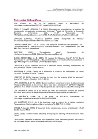 New Pedagogical Studies in Higher Education
José Gómez Galán, Eloy López Meneses & Alicia Jaén Martínez (Eds.)
ISBN: 978-1-943697-10-6 123
Referencias Bibliográficas
BOE número 305, de 21 de diciembre, Anexo II. Recuperado de:
https://www.boe.es/boe/dias/2007/12/21/pdfs/A52851-52852.pdf
BOZU, Z. Y CANTO HERRERA, P. J. (2009). “El profesorado universitario en la sociedad del
conocimiento: competencias profesionales docentes”. Revista de Formación e Innovación
Educativa Universitaria, 2(2), 87-97. Recuperado de:
http://padula.detodoproducciones.com.ve/IS3_1_El%20profesorado%20universitario.pdf
CONSEJO EUROPEO. PROCESO BOLONIA (1999). Recuperado de: http://eur-
lex.europa.eu/legal-content/ES/TXT/?uri=uriserv%3Ac11088
DARLING-HAMMOND, L. ET AL. (2005). “The design of teacher educatio programs”. En L.
Darling-Hammond y J. Bransford (Eds.), Preparing teachers for a changing world. (pp. 390-
441). San Francisco: Jossey Bass.
EURYDICE (2002): “Competencias clave”. Recuperado de:
http://www.riic.unam.mx/01/02_Biblio/doc/CompetenciasClave.pdf
GARCÍA FERNÁNDEZ, M.ª D. (2004). “El maestro de Educación Infantil”. M.ª D. García
Fernández y V. Marín Díaz (Eds.), La Educación Infantil y la formación del profesorado hacia el
siglo XXI: integración e identidad. Universidad de Córdoba.
GERVILLA, A. (2008). Didáctica básica de la educación infantil: conocer y comprender a los
más pequeños. Madrid, España: Narcea.
IMBERNÓN, F. (2014). Calidad de la enseñanza y formación del profesorado: un cambio
necesario. Barcelona, España: Octaedro.
LAMPERT, M (2010). “Learning Teaching in, from, and for practice: What do we mean?”
Journal of Teacher Education, 61(1-2), 21–34.
LARA-CINISOMO, S. ET AL. (2009). “Estudio cualitativo sobre las creencias de educadores de
niños pequeños acerca de experiencias claves para clases preescolares”. ECRP, Investigación
y Práctica de la Niñez Temprana, 11(1). Recuperado de: http://ecrp.uiuc.edu/v11n1/lara-sp.html
LEY ORGÁNICA 1/1990, de 3 de octubre de 1990, de Ordenación General del Sistema
Educativo. Recuperado de: https://www.boe.es/buscar/doc.php?id=BOE-A-1990-24172
LEY ORGÁNICA 2/2006, de 3 de mayo, de Educación. Recuperado de:
https://www.boe.es/buscar/act.php?id=BOE-A-2006-7899
LEY ORGÁNICA 8/2013, de 9 de diciembre, para la mejora de la calidad educativa.
Recuperado de: http://www.boe.es/diario_boe/txt.php?id=BOE-A-2013-12886
MUÑOZ, A. (coord.). (2009). El desarrollo de las competencias básicas en Educación Infantil.
Sevilla, España: MAD.
OCDE. (2005). Teachers matter: attracting, developing and retaining effective teachers. Paris:
OCDE.
OCDE (2006). Definición y selección de competencias clave. Resumen ejecutivo. Recuperado
de: http://www.deseco.admin.ch/bfs/deseco/en/index/03/02.parsys
 