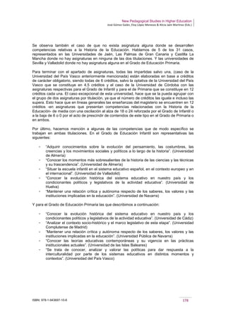 New Pedagogical Studies in Higher Education
José Gómez Galán, Eloy López Meneses & Alicia Jaén Martínez (Eds.)
ISBN: 978-1-943697-10-6 178
Se observa también el caso de que no exista asignatura alguna donde se desarrollen
competencias relativas a la Historia de la Educación. Hablamos de 5 de los 31 casos,
representados en las Universidades de Jaén, Las Palmas de Gran Canaria y Castilla La
Mancha donde no hay asignaturas en ninguna de las dos titulaciones. Y las universidades de
Sevilla y Valladolid donde no hay asignatura alguna en el Grado de Educación Primaria.
Para terminar con el apartado de asignaturas, todas las impartidas salvo una, (caso de la
Universidad del País Vasco anteriormente mencionada) están elaboradas en base a créditos
de carácter obligatorio, siendo todas de 6 créditos, salvo la optativa de la Universidad del País
Vasco que se constituye en 4,5 créditos y el caso de la Universidad de Córdoba con las
asignaturas respectivas para el Grado de Infantil y para el de Primaria que se constituye en 12
créditos cada una. El caso excepcional de esta universidad, hace que se la pueda agrupar con
el grupo de dos asignaturas por titulación, ya que el número de créditos las iguala e incluso las
supera. Esto hace que en líneas generales las enseñanzas del magisterio se encuentren en 12
créditos -en asignaturas que presentan competencias relacionadas con la Historia de la
Educación- de media con una oscilación al alza de 18 o 24 reforzada por el Grado de Infantil o
a la baja de 6 o 0 por el acto de prescindir de contenidos de este tipo en el Grado de Primaria o
en ambos.
Por último, hacemos mención a algunas de las competencias que de modo específico se
trabajan en ambas titulaciones. En el Grado de Educación Infantil son representativas las
siguientes:
­ “Adquirir conocimientos sobre la evolución del pensamiento, las costumbres, las
creencias y los movimientos sociales y políticos a lo largo de la historia”. (Universidad
de Almería)
­ “Conocer los momentos más sobresalientes de la historia de las ciencias y las técnicas
y su trascendencia”. (Universidad de Almería)
­ “Situar la escuela infantil en el sistema educativo español, en el contexto europeo y en
el internacional”. (Universidad de Valladolid)
­ “Conocer la evolución histórica del sistema educativo en nuestro país y los
condicionantes políticos y legislativos de la actividad educativa”. (Universidad de
Huelva)
­ “Mantener una relación crítica y autónoma respecto de los saberes, los valores y las
instituciones implicadas en la educación”. (Universidad de Navarra)
Y para el Grado de Educación Primaria las que describimos a continuación:
­ “Conocer la evolución histórica del sistema educativo en nuestro país y los
condicionantes políticos y legislativos de la actividad educativa”. (Universidad de Cádiz)
­ “Analizar el contexto socio-histórico y el marco legislativo de esta etapa”. (Universidad
Complutense de Madrid)
­ “Mantener una relación crítica y autónoma respecto de los saberes, los valores y las
instituciones implicadas en la educación”. (Universidad Pública de Navarra)
­ “Conocer las teorías educativas contemporáneas y su vigencia en las prácticas
institucionales actuales”. (Universidad de las Islas Baleares)
­ “Se trata de conocer, analizar y valorar las políticas para dar respuesta a la
interculturalidad por parte de los sistemas educativos en distintos momentos y
contextos”. (Universidad del País Vasco)
 
