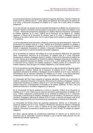 New Pedagogical Studies in Higher Education
José Gómez Galán, Eloy López Meneses & Alicia Jaén Martínez (Eds.)
ISBN: 978-1-943697-10-6 182
La Universidad Autónoma de Barcelona presenta la siguiente alternativa: Teorías e Historia de
la Educación (6 créditos) para el 1º curso, Bases sociopolíticas de la Educación (6 créditos) en
el 2º curso, y Educación Comparada (6 créditos) en 3º curso. Por lo tanto oferta 18 créditos
obligatorios.
En el caso del plan de estudios de la Universidad Complutense de Madrid nos encontramos lo
siguiente: Historia y Corrientes Internacionales en Educación y de la Cultura (6 créditos) en el
1º curso. Historia del pensamiento pedagógico (6 créditos) Sistemas Educativos Comparados
(6 créditos optativos) en 2º curso, Historia de la Educación de las Mujeres (6 créditos
optativos) y Política de la educación (6 créditos) para el 3º curso, y Pedagogía Social (6
créditos) en el cuarto y último curso. Con lo cual se tratan de 24 créditos ce carácter obligatorio
y 12 optativos.
La Universidad Nacional de Educación a Distancia presenta la siguiente disposición: Historia de
la Educación (6 créditos) para el 1º curso. Historia de la Educación Española (6 créditos) y
Pedagogía de la Socialización (6 créditos) en el 2º curso. Educación Permanente (6 créditos),
Política y Legislación Educativas (6 créditos) y Educación Comparada (6 créditos) en el 3º
curso. Lo que suma un total de 36 créditos de carácter obligatorio.
En la Universidad de Valencia, del análisis de su plan de estudios obtenemos los siguientes
datos: Fundamentos Históricos de la Educación. (6 créditos) para el 1º curso. Educación
Comparada (6 créditos), Pedagogía Social (6 créditos), Política de la Educación (6 créditos) en
2º curso. Historia de la Educación en España (6 créditos) Pedagogía Intercultural (6 créditos) y
Política y legislación educativa (6 créditos) en el 3º curso, y como optativas libres: Historia de
la educación de las mujeres (4,5 créditos optativos) e Historia política de la educación (4,5
créditos optativos). Esto da lugar a 42 créditos obligatorios y 9 de carácter optativo.
En la Universidad de Las Islas Baleares observamos en su plan de estudios el siguiente reparto
de asignaturas y créditos: Historia de la Educación (6 créditos) en el 1º curso. Política y
Legislación educativas (6 créditos) y Pedagogía Social (6 créditos) en el 2º curso. Evolución y
Consolidación de los sistemas educativos (6 créditos) en 3º curso. Y por último Educación
Comparada (6 créditos) en 4º curso. Dando lugar a 30 créditos de carácter obligatorio.
La Universidad del País Vasco presenta la siguiente alternativa: Historia de la educación (6
créditos), Legislación Educativa y Perspectiva Internacional (6 créditos) y Pedagogía: Teorías e
Instituciones educativas (6 créditos), todas en el 1º curso de Pedagogía. Además oferta como
optativa Educación Contemporánea en EuskalErría (6 créditos optativos). Es decir, hay una
presencia traducida en 18 créditos obligatorios y 6 optativos.
En la Universidad de Murcia analizamos y vemos lo siguiente: Historia de la Educación (6
créditos) en el 1º curso. Historia de los sistemas educativos contemporáneas (6 créditos) en 2º
curso. Política, Legislación y administración de los sistemas (6 créditos) en el 3º. Educación
Comparada e Internacional (6 créditos), Pedagogía social (6 créditos) y El patrimonio cultural y
educativo: Pedagogía y Memoria (6 créditos) en su 4º curso. Lo que da una relación total de 36
créditos obligatorios en los que hay presencia de competencias en Historia de la Educación.
La Universidad de Oviedo ofrece las siguientes asignaturas: Historia de la Educación en
España (6 créditos) para el 1º curso. Política y Planificación educativa (6 créditos) y Pedagogía
social (6 créditos) en el 2º curso. E Historia de las ideas pedagógicas del currículum (6
créditos) y Educación Comparada (6 créditos) para el 3º curso. Es decir 30 créditos de carácter
obligatorio.
Por último, algunos ejemplo de competencias específicas en relación con la Historia de la
Educación que se desarrollan durante la titulación y que el alumno debe alcanzar una vez
superadas las distintas materias son:
 