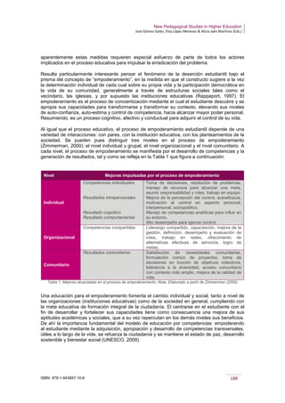 New Pedagogical Studies in Higher Education
José Gómez Galán, Eloy López Meneses & Alicia Jaén Martínez (Eds.)
ISBN: 978-1-943697-10-6 188
aparentemente estas medidas requieren especial esfuerzo de parte de todos los actores
implicados en el proceso educativa para impulsar la erradicación del problema.
Resulta particularmente interesante pensar el fenómeno de la deserción estudiantil bajo el
prisma del concepto de “empoderamiento”, en la medida en que el constructo sugiere a la vez
la determinación individual de cada cual sobre su propia vida y la participación democrática en
la vida de su comunidad, generalmente a través de estructuras sociales tales como el
vecindario, las iglesias, y por supuesto las instituciones educativas (Rappaport, 1997). El
empoderamiento es el proceso de concientización mediante el cual el estudiante descubre y se
apropia sus capacidades para transformarse y transformar su contexto, elevando sus niveles
de auto-confianza, auto-estima y control de competencia, hacia alcanzar mayor poder personal.
Resumiendo, es un proceso cognitivo, afectivo y conductual para adquirir el control de su vida.
Al igual que el proceso educativo, el proceso de empoderamiento estudiantil depende de una
variedad de interacciones: con pares, con la institución educativa, con los planteamientos de la
sociedad. Se pueden pues distinguir tres niveles en el proceso de empoderamiento
(Zimmerman, 2000): el nivel individual y grupal, el nivel organizacional y el nivel comunitario. A
cada nivel, el proceso de empoderamiento se manifiesta por el desarrollo de competencias y la
generación de resultados, tal y como se refleja en la Tabla 1 que figura a continuación:
Nivel Mejoras impulsadas por el proceso de empoderamiento
Individual
Competencias individuales
Resultados intrapersonales
Resultado cognitivo
Resultado comportamental
Toma de decisiones, resolución de problemas,
manejo de recursos para alcanzar una meta,
asumir responsabilidad y roles, trabajo en equipo.
Mejora de la percepción del control, autoeficacia,
motivación al control en aspecto personal,
interpersonal, sociopolítico.
Manejo de competencias analíticas para influir en
su entorno.
Alto desempeño para ejercer control.
Organizacional
Competencias compartidas Liderazgo compartido, capacitación, mejora de la
gestión, definición, desempeño y evaluación de
roles, trabajo en redes, ofrecimiento de
alternativas efectivas de servicios, logro de
metas.
Comunitario
Resultados comunitarios Satisfacción de necesidades comunitarias,
formulación común de proyectos, toma de
decisiones en función de objetivos colectivos,
tolerancia a la diversidad, acceso comunitario
con contexto más amplio, mejora de la calidad de
vida.
Tabla 1. Mejoras alcanzadas en el proceso de empoderamiento. Nota. Elaborado a partir de Zimmerman (2000)
Una educación para el empoderamiento fomenta el cambio individual y social, tanto a nivel de
las organizaciones (instituciones educativas) como de la sociedad en general, cumpliendo con
la meta educativa de formación integral de la ciudadanía. El centrarse en el estudiante con el
fin de desarrollar y fortalecer sus capacidades tiene como consecuencia una mejora de sus
aptitudes académicas y sociales, que a su vez repercutan en los demás niveles sus beneficios.
De ahí la importancia fundamental del modelo de educación por competencias: empoderando
al estudiante mediante la adquisición, apropiación y desarrollo de competencias transversales,
útiles a lo largo de la vida, se refuerza la ciudadanía y se mantiene el estado de paz, desarrollo
sostenible y bienestar social (UNESCO, 2009).
 