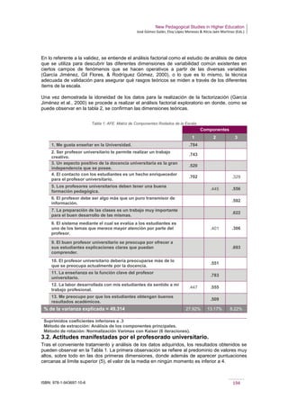 New Pedagogical Studies in Higher Education
José Gómez Galán, Eloy López Meneses & Alicia Jaén Martínez (Eds.)
ISBN: 978-1-943697-10-6 194
En lo referente a la validez, se entiende el análisis factorial como el estudio de análisis de datos
que se utiliza para descubrir las diferentes dimensiones de variabilidad común existentes en
ciertos campos de fenómenos que se hacen operativos a partir de las diversas variables
(García Jiménez, Gil Flores, & Rodríguez Gómez, 2000), o lo que es lo mismo, la técnica
adecuada de validación para asegurar qué rasgos teóricos se miden a través de los diferentes
ítems de la escala.
Una vez demostrada la idoneidad de los datos para la realización de la factorización (García
Jiménez et al., 2000) se procede a realizar el análisis factorial exploratorio en donde, como se
puede observar en la tabla 2, se confirman las dimensiones teóricas.
Tabla 1: AFE. Matriz de Componentes Rodados de la Escala
Componentes
1 2 3
1. Me gusta enseñar en la Universidad. .784
2. Ser profesor universitario te permite realizar un trabajo
creativo.
.743
3. Un aspecto positivo de la docencia universitaria es la gran
independencia que se posee.
.520
4. El contacto con los estudiantes es un hecho enriquecedor
para el profesor universitario.
.702 .329
5. Los profesores universitarios deben tener una buena
formación pedagógica.
.445 .556
6. El profesor debe ser algo más que un puro transmisor de
información.
.592
7. La preparación de las clases es un trabajo muy importante
para el buen desarrollo de las mismas.
.622
8. El sistema mediante el cual se evalúa a los estudiantes es
uno de los temas que merece mayor atención por parte del
profesor.
.401 .306
9. El buen profesor universitario se preocupa por ofrecer a
sus estudiantes explicaciones claras que puedan
comprender.
.693
10. El profesor universitario debería preocuparse más de lo
que se preocupa actualmente por la docencia.
.551
11. La enseñanza es la función clave del profesor
universitario.
.783
12. La labor desarrollada con mis estudiantes da sentido a mi
trabajo profesional.
.447 .555
13. Me preocupo por que los estudiantes obtengan buenos
resultados académicos.
.509
% de la varianza explicada = 49.314 27.92% 13.17% 8.22%
Suprimidos coeficientes inferiores a .3
Método de extracción: Análisis de los componentes principales.
Método de rotación: Normalización Varimax con Kaiser (6 iteraciones).
3.2. Actitudes manifestadas por el profesorado universitario.
Tras el conveniente tratamiento y análisis de los datos adquiridos, los resultados obtenidos se
pueden observar en la Tabla 1. La primera observación se refiere al predominio de valores muy
altos, sobre todo en las dos primeras dimensiones, donde además de aparecer puntuaciones
cercanas al límite superior (5), el valor de la media en ningún momento es inferior a 4.
 
