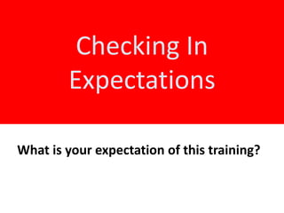 Checking In
Expectations
What is your expectation of this training?
 