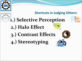 Shortcuts in Judging Others: 1.) Selective Perception 2.) Halo Effect 3.) Contrast Effects 4.) Stereotyping 