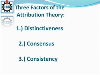 Three Factors of the   Attribution Theory:   1.) Distinctiveness   2.) Consensus   3.) Consistency 