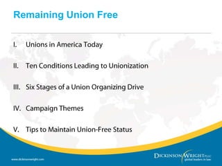 Unions in America TodayTen Conditions Leading to UnionizationSix Stages of a Union Organizing DriveCampaign ThemesTips to Maintain Union-Free StatusRemaining Union Free