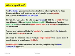 2016/8/16 CCL Group 25
The 1st-principle quantum mechanical simulations following the above steps
demonstrated that such proposed scenario involving pheo derivative
morphologies was energetically favorable.
It is noted, however, that the total energy increase (0.4911 Ha, or 13.36 eV) from
step (b) to step (c) (i.e., with two H’s becoming 2H+’s) has to come from the
battery action and eventually a lowest energy state –the derivative morphology—
can be achieved.
This was only made possible by the “catalytic” presence of both the N atoms in
the new pheo derivative structure.
Otherwise, the minimum price to remove a single electron from a stand-alone H
atom is known to be as large as 13.58 eV.
Pheo-catalyzed chemical batteries (or, fuel cells) are promising for room-
temperature operation.
What’s significant?
 