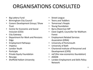ORGANISATIONS CONSULTED
8
• Big Lottery Fund
• Birmingham City Council
• Careers Development Group / Shaw
Trust
• Centre for Economic and Social
Inclusion (CESI)
• City Gateway
• Department for Work and Pensions
• Edge
• Employment Pathways
• Impetus
• London Youth
• Participle
• Private Equity Foundation
• Resurgo
• Sheffield Hallam University
• Street League
• Teens and Toddlers
• Tomorrow’s People
• Young Foundation
• Barry Sheerman MP
• Clare Coghill, Councillor for Waltham
Forest
• Employment Related Services
Association (ERSA)
• University of Portsmouth
• University of Bath
• Chartered Institute of Personnel and
Development (CIPD)
• nef (the new economics foundation)
• ASDAN
• London Employment and Skills Policy
Network
 