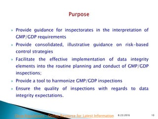  Provide guidance for inspectorates in the interpretation of
GMP/GDP requirements
 Provide consolidated, illustrative guidance on risk-based
control strategies
 Facilitate the effective implementation of data integrity
elements into the routine planning and conduct of GMP/GDP
inspections;
 Provide a tool to harmonize GMP/GDP inspections
 Ensure the quality of inspections with regards to data
integrity expectations.
8/23/2016 10Drug Regulations : Online Resource for Latest Information
 