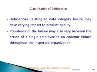  Deficiencies relating to data integrity failure may
have varying impact to product quality.
 Prevalence of the failure may also vary between the
action of a single employee to an endemic failure
throughout the inspected organization.
8/23/2016 170
Drug Regulations : Online Resource for Latest Information
 