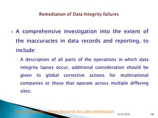  A comprehensive investigation into the extent of
the inaccuracies in data records and reporting, to
include:
◦ A description of all parts of the operations in which data
integrity lapses occur, additional consideration should be
given to global corrective actions for multinational
companies or those that operate across multiple differing
sites;
8/23/2016 182
Drug Regulations : Online Resource for Latest Information
 