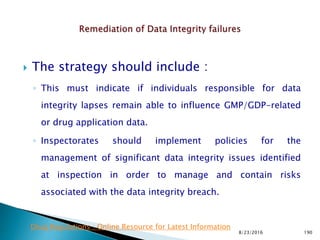  The strategy should include :
◦ This must indicate if individuals responsible for data
integrity lapses remain able to influence GMP/GDP-related
or drug application data.
◦ Inspectorates should implement policies for the
management of significant data integrity issues identified
at inspection in order to manage and contain risks
associated with the data integrity breach.
8/23/2016 190
Drug Regulations : Online Resource for Latest Information
 