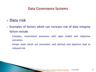 Data risk
 Examples of factors which can increase risk of data integrity
failure include
◦ Complex, inconsistent processes with open ended and subjective
outcomes.
◦ Simple tasks which are consistent, well defined and objective lead to
reduced risk.
8/23/2016 31Drug Regulations : Online Resource for Latest Information
 