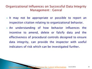  It may not be appropriate or possible to report an
inspection citation relating to organizational behavior.
 An understanding of how behavior influences the
incentive to amend, delete or falsify data and the
effectiveness of procedural controls designed to ensure
data integrity, can provide the inspector with useful
indicators of risk which can be investigated further.
8/23/2016 41Drug Regulations : Online Resource for Latest Information
 