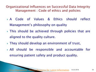 A Code of Values & Ethics should reflect
Management’s philosophy on quality
 This should be achieved through policies that are
aligned to the quality culture.
 They should develop an environment of trust,
 All should be responsible and accountable for
ensuring patient safety and product quality.
8/23/2016 50Drug Regulations : Online Resource for Latest Information
 
