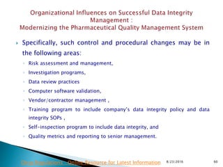  Specifically, such control and procedural changes may be in
the following areas:
◦ Risk assessment and management,
◦ Investigation programs,
◦ Data review practices
◦ Computer software validation,
◦ Vendor/contractor management ,
◦ Training program to include company’s data integrity policy and data
integrity SOPs ,
◦ Self-inspection program to include data integrity, and
◦ Quality metrics and reporting to senior management.
8/23/2016 60Drug Regulations : Online Resource for Latest Information
 