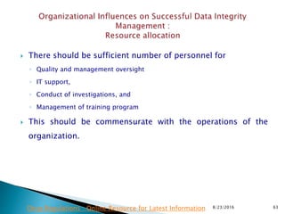  There should be sufficient number of personnel for
◦ Quality and management oversight
◦ IT support,
◦ Conduct of investigations, and
◦ Management of training program
 This should be commensurate with the operations of the
organization.
8/23/2016 63Drug Regulations : Online Resource for Latest Information
 