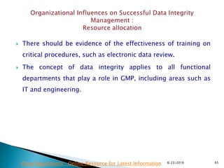  There should be evidence of the effectiveness of training on
critical procedures, such as electronic data review.
 The concept of data integrity applies to all functional
departments that play a role in GMP, including areas such as
IT and engineering.
8/23/2016 65Drug Regulations : Online Resource for Latest Information
 