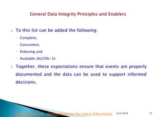  To this list can be added the following:
◦ Complete,
◦ Consisitent,
◦ Enduring and
◦ Available (ALCOA+5).
 Together, these expectations ensure that events are properly
documented and the data can be used to support informed
decisions.
8/23/2016 72Drug Regulations : Online Resource for Latest Information
 