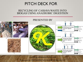 PITCH DECK FOR
RECYCLING OF CASSAVAWASTE INTO
BIOGAS USING ANAEROBIC DIGESTION
PRESENTED BY
www.kayodeempirefarms.com
Powered by: ENTREPRENEURSHIP WORLD CUP
 