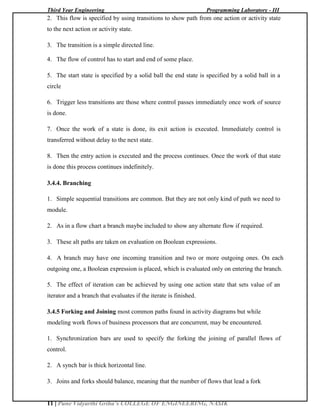 Third Year Engineering Programming Laboratory - III
11 | Pune Vidyarthi Griha’s COLLEGE OF ENGINEERING, NASIK
2. This flow is specified by using transitions to show path from one action or activity state
to the next action or activity state.
3. The transition is a simple directed line.
4. The flow of control has to start and end of some place.
5. The start state is specified by a solid ball the end state is specified by a solid ball in a
circle
6. Trigger less transitions are those where control passes immediately once work of source
is done.
7. Once the work of a state is done, its exit action is executed. Immediately control is
transferred without delay to the next state.
8. Then the entry action is executed and the process continues. Once the work of that state
is done this process continues indefinitely.
3.4.4. Branching
1. Simple sequential transitions are common. But they are not only kind of path we need to
module.
2. As in a flow chart a branch maybe included to show any alternate flow if required.
3. These alt paths are taken on evaluation on Boolean expressions.
4. A branch may have one incoming transition and two or more outgoing ones. On each
outgoing one, a Boolean expression is placed, which is evaluated only on entering the branch.
5. The effect of iteration can be achieved by using one action state that sets value of an
iterator and a branch that evaluates if the iterate is finished.
3.4.5 Forking and Joining most common paths found in activity diagrams but while
modeling work flows of business processors that are concurrent, may be encountered.
1. Synchronization bars are used to specify the forking the joining of parallel flows of
control.
2. A synch bar is thick horizontal line.
3. Joins and forks should balance, meaning that the number of flows that lead a fork
 