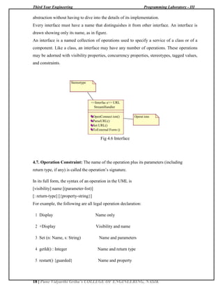Third Year Engineering Programming Laboratory - III
18 | Pune Vidyarthi Griha’s COLLEGE OF ENGINEERING, NASIK
abstraction without having to dive into the details of its implementation.
Every interface must have a name that distinguishes it from other interface. An interface is
drawn showing only its name, as in figure.
An interface is a named collection of operations used to specify a service of a class or of a
component. Like a class, an interface may have any number of operations. These operations
may be adorned with visibility properties, concurrency properties, stereotypes, tagged values,
and constraints.
Stereotype
<<Interfac e>> URL
StreamHandler
OpenConnect ion() Operat ions
ParseURL()
Set URL()
ToExternal Form ()
Fig 4.6 Interface
4.7. Operation Constraint: The name of the operation plus its parameters (including
return type, if any) is called the operation’s signature.
In its full form, the syntax of an operation in the UML is
[visibility] name [(parameter-list)]
[: return-type] [{property-string}]
For example, the following are all legal operation declaration:
1 Display Name only
2 +Display Visibility and name
3 Set (n: Name, s: String) Name and parameters
4 getId() : Integer Name and return type
5 restart() {guarded} Name and property
 