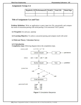 Third Year Engineering Programming Laboratory - III
31 | Pune Vidyarthi Griha’s COLLEGE OF ENGINEERING, NASIK
Assignment: Group A 6
Regularity (2) Performance(5) Oral(3) Total (10) Dated Sign
Title of Assignment: Lex and Yacc
Problem Definition: Write an application to parse input text file concurrently and compare
the result of concurrent parsing with serial parsing ( Use concurrent YACC parser)
6.1 Perquisite: lex and yacc, openmp
6.2 Learning Objective: To achieve concurrent parsing and compare result with serial .
6.3 Relevant Theory / Literature Survey:
6.3.1 Introduction
Compilation steps: following diagram shows the compilation steps.
 
