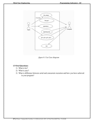 Third Year Engineering Programming Laboratory - III
37 | Pune Vidyarthi Griha’s COLLEGE OF ENGINEERING, NASIK
figure 6: Use Case diagram
1.9 Oral Questions:
1) What is lex?
2) What is yacc?
3) What is difference between serial and concurrent execution and how you have achieved
in your program?
 