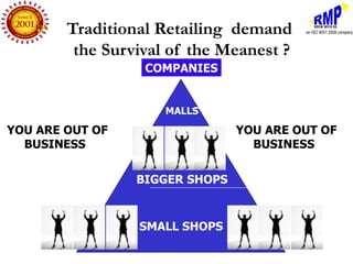 Traditional Retailing demand
         the Survival of the Meanest ?
                  COMPANIES


                     MALLS

YOU ARE OUT OF                  YOU ARE OUT OF
  BUSINESS                        BUSINESS


                 BIGGER SHOPS



                 SMALL SHOPS
 