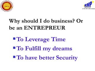 Why should I do business? Or
be an ENTREPREUR
  To Leverage Time
  To Fulfill my dreams

  To have better Security
 