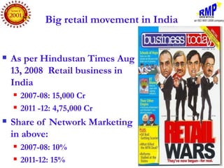 Big retail movement in India


   As per Hindustan Times Aug
    13, 2008 Retail business in
    India
       2007-08: 15,000 Cr
       2011 -12: 4,75,000 Cr
   Share of Network Marketing
    in above:
       2007-08: 10%
       2011-12: 15%
 
