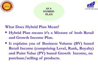 AS A
                     HYBRID
                      PLAN



What Does Hybrid Plan Mean?
 Hybrid Plan means it’s a Mixture of both Retail

  and Growth Income Plan.
 It explains you of Business Volume (BV) based

  Retail Income (comprising Level, Rank, Royalty)
  and Point Value (PV) based Growth Income, on
  purchase/selling of products.
 